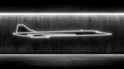 Obraz premium neon line drawing of a military fighter jet on a dark concrete wall, copy and text space