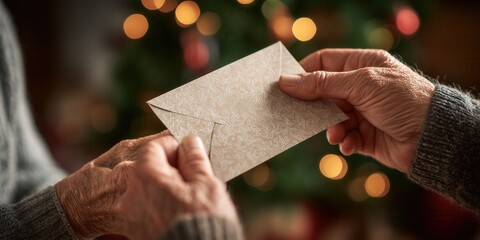 Two pairs of aged hands gently exchange a decorated envelope in front of a lit Christmas tree. A quiet gesture of love, memory, and holiday closeness.