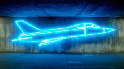 Obraz premium neon line drawing of a military fighter jet on a dark concrete wall, copy and text space