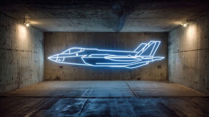 Obraz premium neon line drawing of a military fighter jet on a dark concrete wall, copy and text space