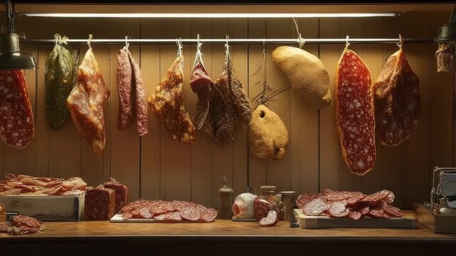 Explore the rich variety of cured meats displayed in an inviting rustic setting