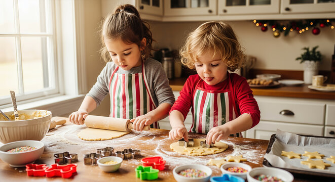 Two young girls baking holiday cookies in a kitchen with festive decorations. A heartwarming scene of childhood joy and family traditions. Holiday baking, festive season, family time.