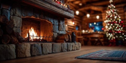 Fototapeta premium Cozy wooden cabin living room with roaring stone fireplace and bokeh-lit Christmas tree in warm glow. Rustic holiday hearth comfort, inviting festive winter sanctuary vibe.