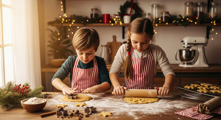Children baking cookies together in the kitchen. A warm image of childhood joy and togetherness. Holiday preparations, family tradition, festive baking.