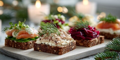 Assorted Scandinavian open-faced sandwiches with beetroot salmon dill and greens on rye by candlelight pine. Elegant Nordic Christmas smørrebrød feast, cozy festive holiday appetizer vibe.