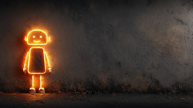 neon line drawing of an ai robot on a dark concrete wall, copy and text space