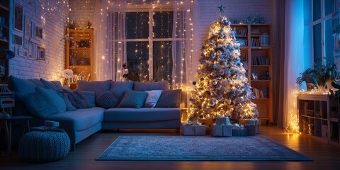 Modern living room with glowing Christmas tree white ornaments gifts piled below city night view. Cozy urban holiday anticipation, stylish pre-Christmas home vibe.