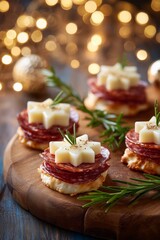 Festive canapes with cheese stars, salami and herbs, arranged on crackers for a cozy Christmas celebration. A warm, joyful holiday appetizer.