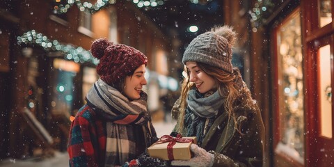Two teens in knit hats exchange a gift on snowy street at night. Concept: first love, winter surprise, holiday connection, tender gesture, festive innocence.
