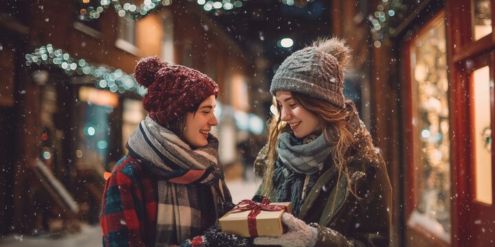 Two teens in knit hats exchange a gift on snowy street at night. Concept: first love, winter surprise, holiday connection, tender gesture, festive innocence.