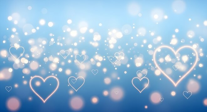 Soft blue background with glowing hearts and bokeh lights for romantic celebrations