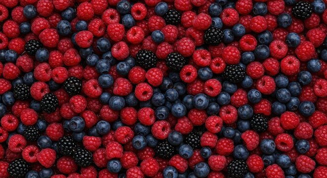 A vibrant, lush background texture created by an abundance of mixed fresh forest berries, offering a healthy food pattern design, nutritious, flat lay, wild berry