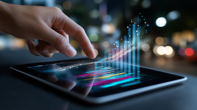 Defocused macro shot of a hand on a tablet screen with holographic financial bars and trend lines, with copy space - Powered by Adobe