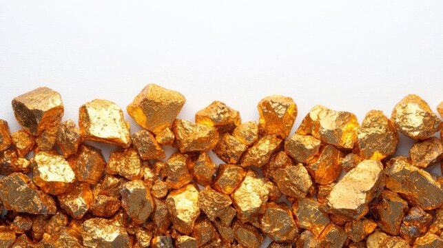 Glistening gold nuggets on a clean white background, symbolizing wealth and natural resource extraction.