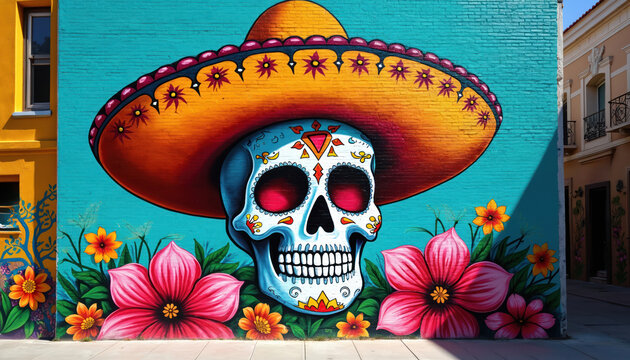 Colorful sugar skull mural with sombrero painted on brick wall. Bright pink, orange flowers surround decorative skull. Vibrant street art celebrates Mexican culture, urban building features - Powered by Adobe