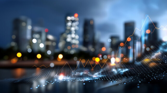 Defocused financial district skyline overlaid with transparent data grids and index graphs, soft bokeh lights, with copy space