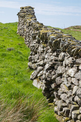 Rough hewn stone wall in a pasture in North Wales.
