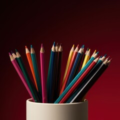Fototapeta premium A vibrant collection of colorful drawing pencils neatly organized inside a simple ceramic holder cup ready for art projects ,craft ,purple ,study