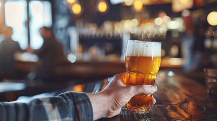 A hand holding a glass of beer in a bar setting. The beer is golden with a frothy head. The background features blurred patrons and warm lighting.