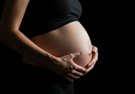 Celebrating the final trimester of maternal gestation. Hands tenderly cradle the rounded stomach shape of expectant figure ,body ,expectation ,stage