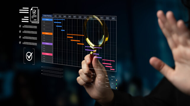 A project management dashboard for business. The interface features a Gantt chart to visualize the project timeline, task scheduling, and overall progress for efficient workflow. Fermion