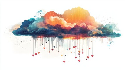 A vibrant cloud with colorful hearts raining down, symbolizing love and creativity in a unique artistic style.