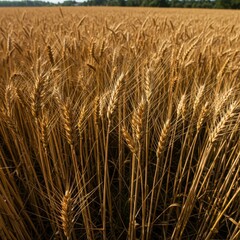 Fototapeta premium Golden barley grain stalks are fully ripe in the vast agricultural field. Large machinery cuts the crop during the warm, sunny harvest season activity, cultivation, technology, healthy