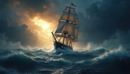 Fototapeta premium A large sailing ship navigates rough, stormy seas under a dramatic sky with glowing clouds and a bright sun. The vessel pitches on large waves at night, its sails full of wind.