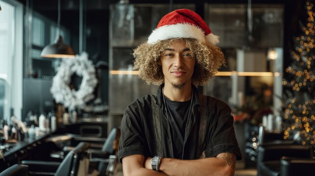 A young mixed-race man with curly hair wears a Santa hat in a modern barbershop. The shop features stylish decor and holiday decorations.