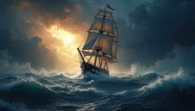 A large sailing ship navigates rough, stormy seas under a dramatic sky with glowing clouds and a bright sun. The vessel pitches on large waves at night, its sails full of wind.