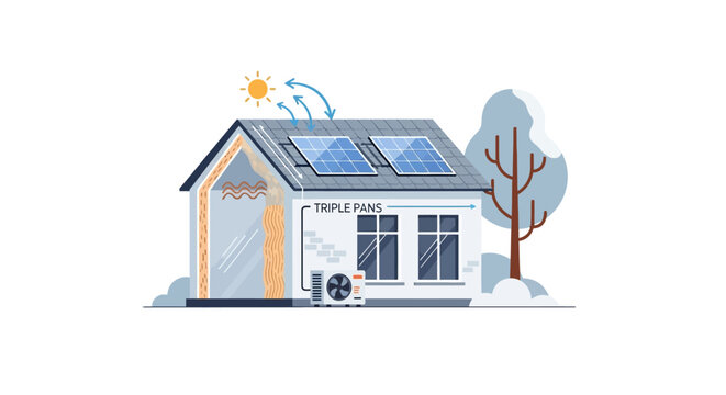 Ecofriendly house with solar panels and heat pump for sustainable energy. Vector Illustrations. EPS Editable