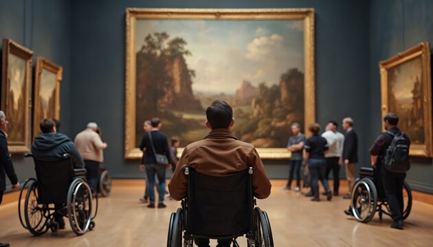 Person in wheelchair observes large landscape painting in art gallery museum. Visitors also view artworks, showing inclusion for people with disability. Experience culture, art on display in modern