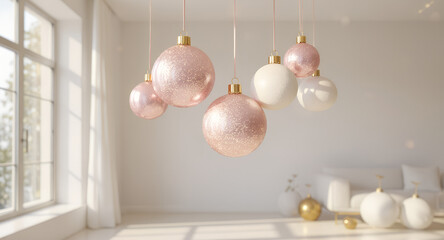 Minimal elegant Christmas scene with pink and white ornaments hanging in bright modern interior. Soft sunlight and neutral tones create calm festive and luxurious atmosphere.