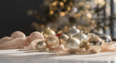 Elegant Christmas ornaments in gold and silver tones on soft fabric with bokeh lights. Luxury festive decoration creating warm holiday atmosphere and modern seasonal design.