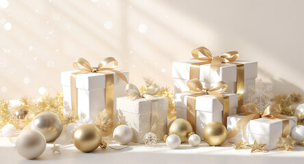 Luxurious Christmas composition with white gift boxes and golden ribbons surrounded by ornaments and soft light. Elegant festive background symbolizing celebration and winter holidays.