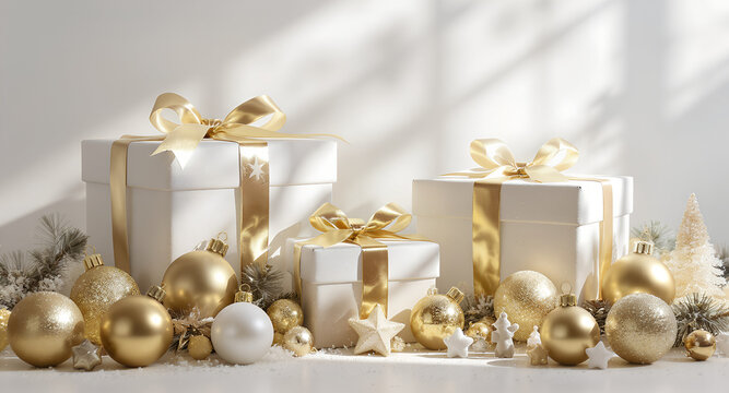 Luxurious Christmas composition with white gift boxes and golden ribbons surrounded by ornaments and soft light. Elegant festive background symbolizing celebration and winter holidays. - Powered by Adobe