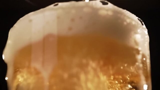 Closeup of a refreshing golden beer being poured into a glass creating a rich frothy head and effervescent bubbles perfect for celebrating happy hour or a casual gathering. - Powered by Adobe