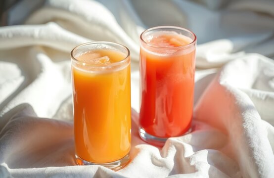 Fresh juices in glasses are on soft white fabric. Orange and grapefruit drinks for tasty breakfast. Good nutrition for healthy diet full of vitamins in natural beverage on morning light.