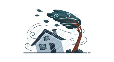 Illustration of a house and tree battered by strong winds and a storm. Vector Illustrations. EPS Editable