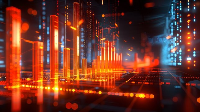 Dynamic financial market data visualization with 3d bar and line charts highlighting economic trends