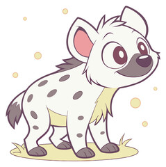 Spotted cartoon baby hyena smiling with big eyes standing on a little patch of grass.Isolated transparent background ( include cut-out PNG file )
