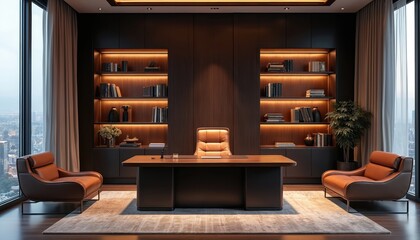 Fototapeta premium Elegant modern office interior with leather chairs, wooden desk and shelves filled with books. Large window offers city view. Luxury executive workspace design is minimalist and stylish.