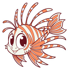 Naklejka premium A cheerful cartoon lionfish with striped fins and a sweet smile swims happily.Isolated transparent background ( include cut-out PNG file )