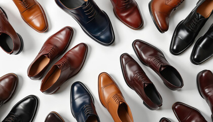 Various mens leather dress shoes on white background. Different colors and styles of classic footwear are displayed. Formal business wear fashion and style. Top view shoes.