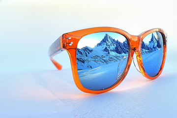 Orange sunglasses reflecting snowy mountain landscape