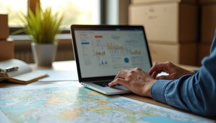 Man works on laptop. Person types on keyboard over map with graphs. Boxes, plant and notebook in background. Worker does data analysis and planning for project tasks.