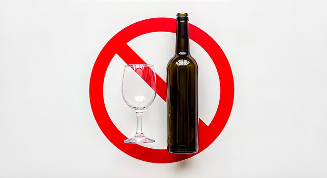 Green bottle and empty glass placed on a red prohibition sign against a white background, symbolizing the struggle against alcoholism and promoting sobriety awareness - Powered by Adobe