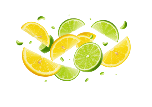Vibrant, fresh lemon and lime slices with water droplets float dynamically in mid-air against a transparent studio background with copy space, showcasing zest concept for beverage advertising