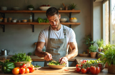 Handsome young man in apron carefully chops fresh green lettuce. Prepares healthy vegetable salad for breakfast in modern bright home kitchen. Fit guy promotes wellness, good diet, active lifestyle,