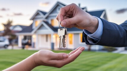 Handing Over House Keys. real estate agent's hand giving a set of modern house keys to a client. Represents new beginnings, home ownership, and success